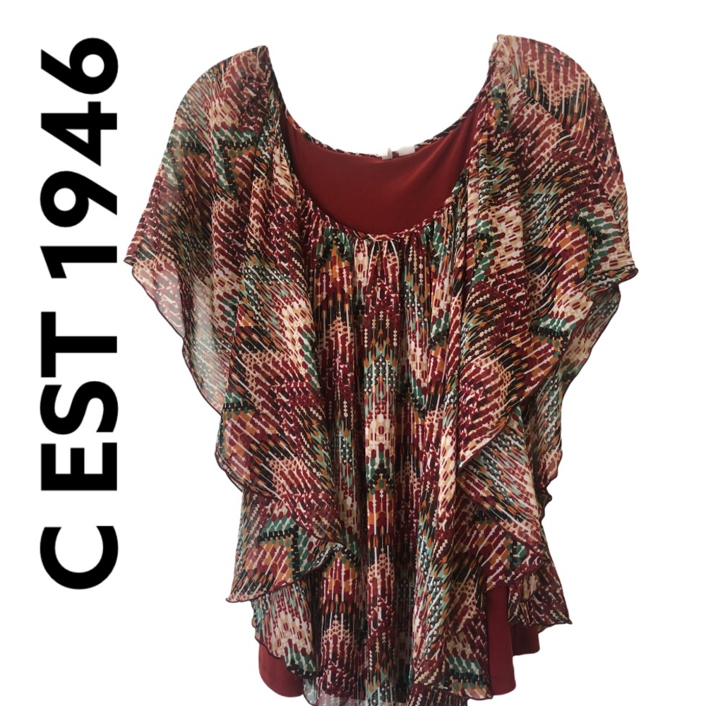 C EST 1946 Faux Tank Top With Winged Overlay Brown Geometric Print L